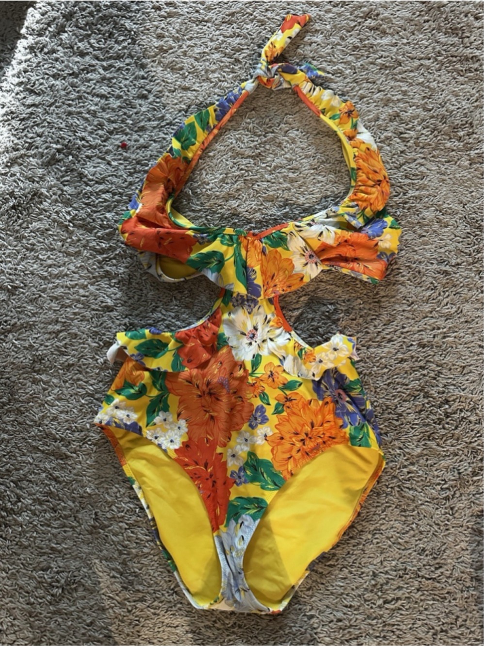 Aerie Yellow Floral Monokini Floral Ruffle Halter One Piece Swimsuit Large - Picture 5 of 13